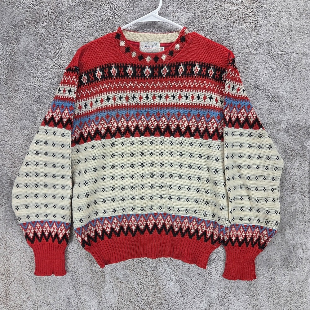 Vintage Jersild Sweater Womens XL Wool Fair Isle Red Cream Crewneck Pullover